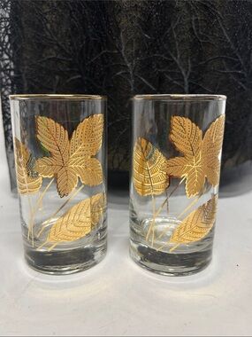 vintage Libbey "Golden Foliage" highball glasses featuring 22-karat gold leaf